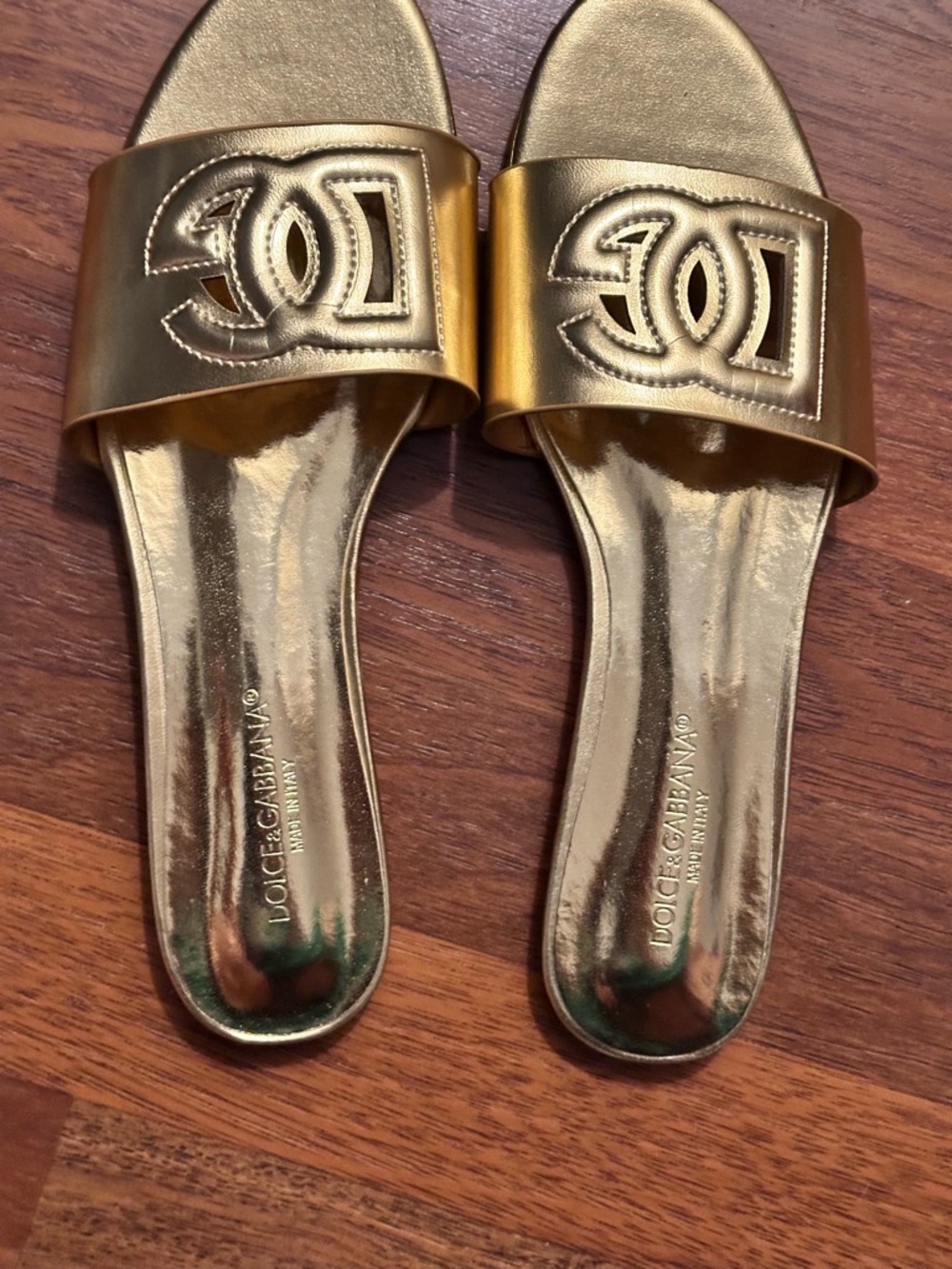 Dolce & Gabbana Metallic Gold Logo Slide Sandals